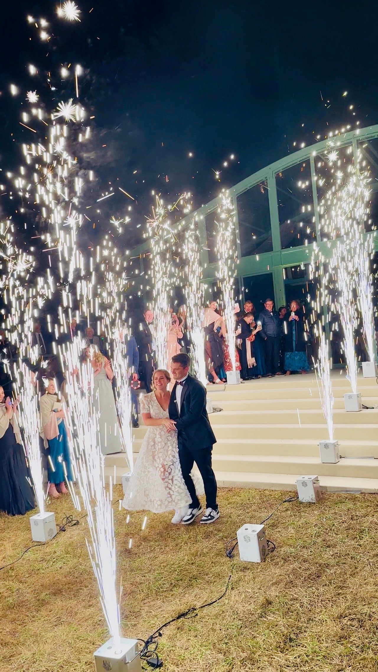 Cold spark fountains at a wedding entrance